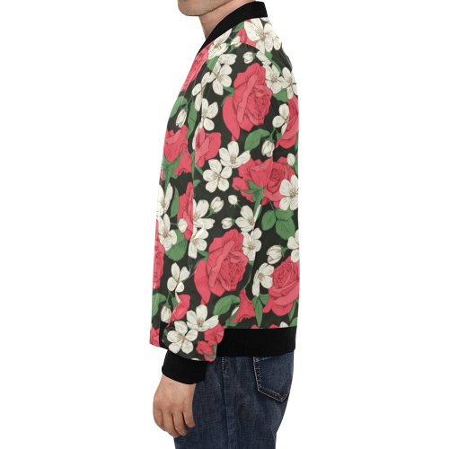 Pink, White and Black Floral All Over Print Bomber Jacket for Men (Model H19)