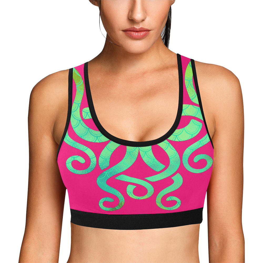 Artsy iridescent green Octopus on hibiscus pink Women's All Over Print Sports Bra (Model T52)