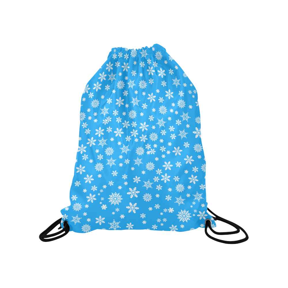 Christmas White Snowflakes on Light Blue Medium Drawstring Bag Model 1604 (Twin Sides) 13.8"(W) * 18.1"(H)