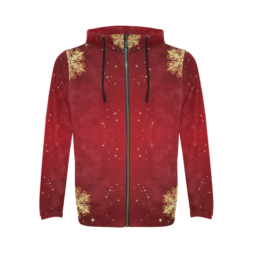 Golden Christmas Ornaments on Red All Over Print Full Zip Hoodie for Men/Large Size (Model H14)