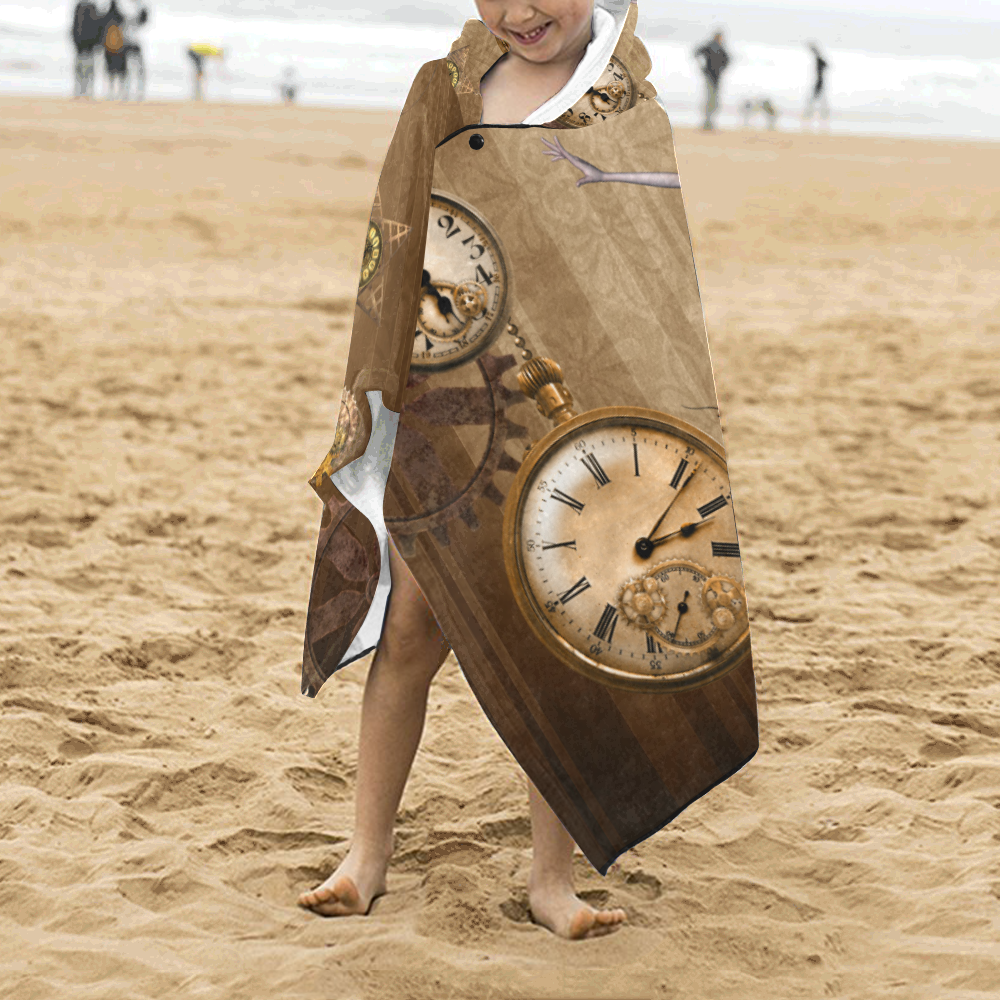 Steampunk girl, clocks and gears Kids' Hooded Bath Towels