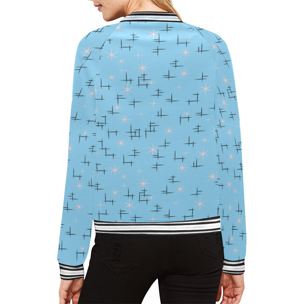 Abstract Lines and Pink Stars Retro All Over Print Bomber Jacket for Women (Model H21)