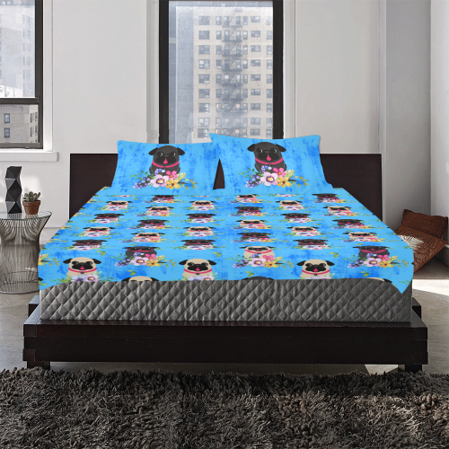 Pugs In Flowers - Black 3-Piece Bedding Set