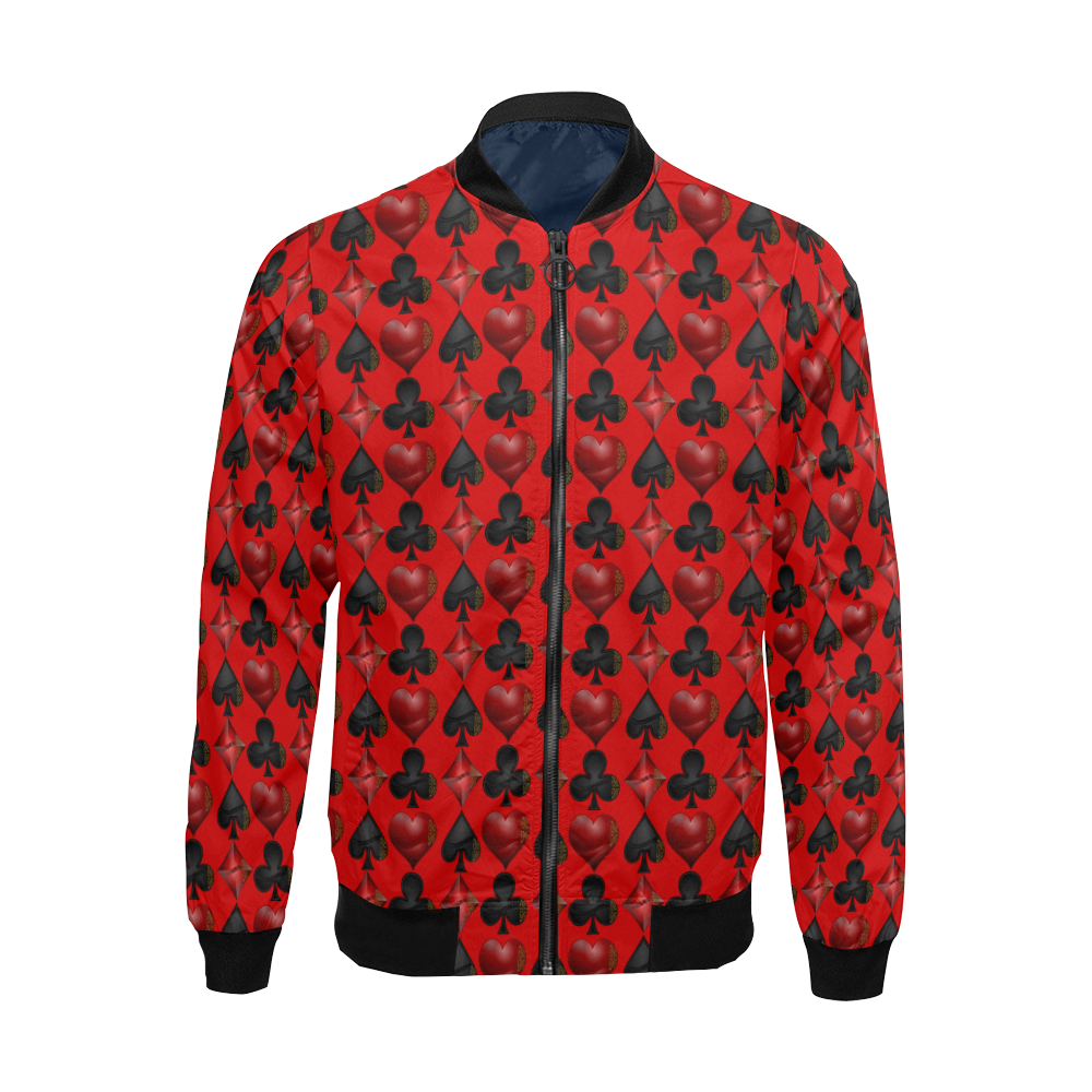 Las Vegas Black and Red Casino Poker Card Shapes on Red All Over Print Bomber Jacket for Men (Model H19)