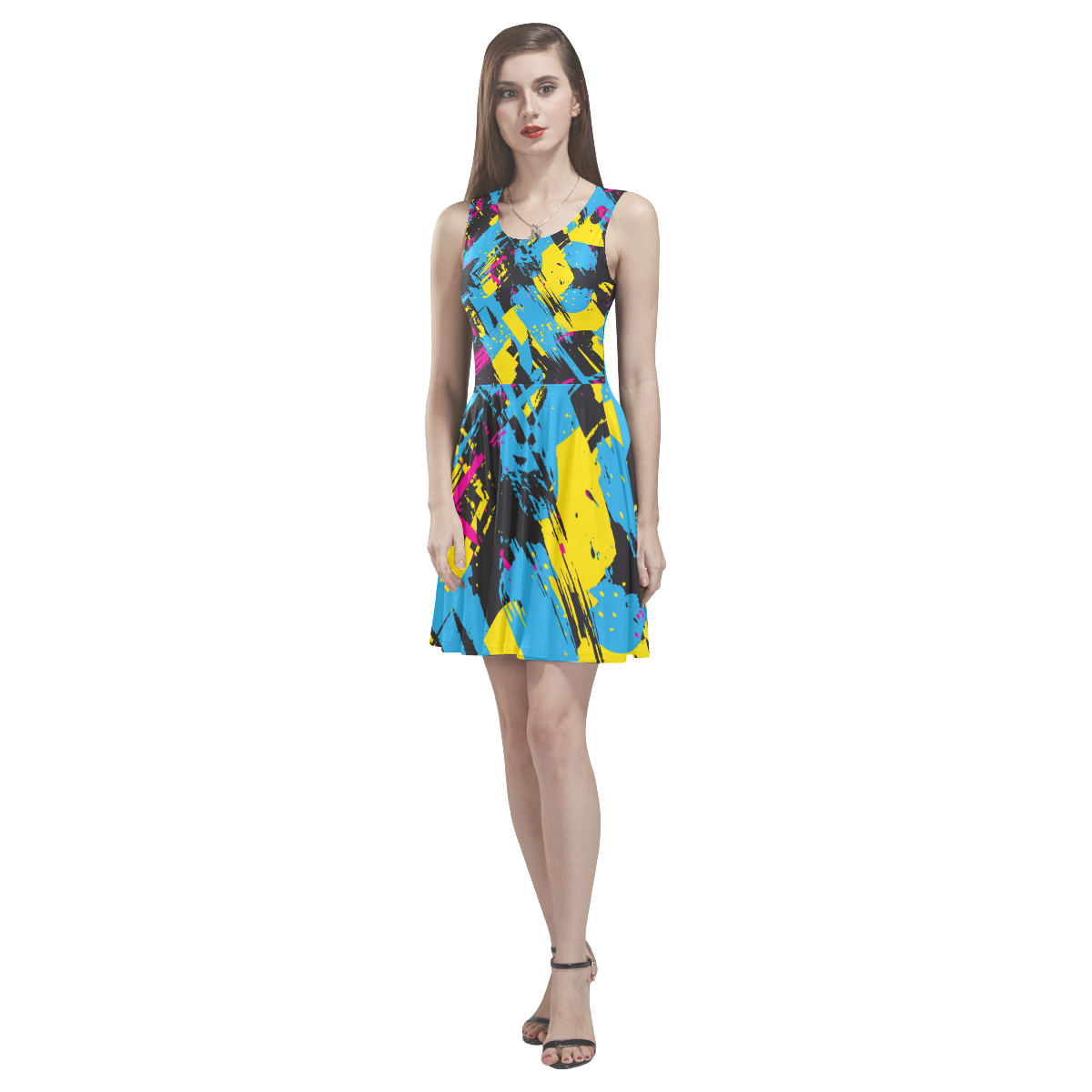 Colorful paint stokes on a black background Thea Sleeveless Skater Dress(Model D19)