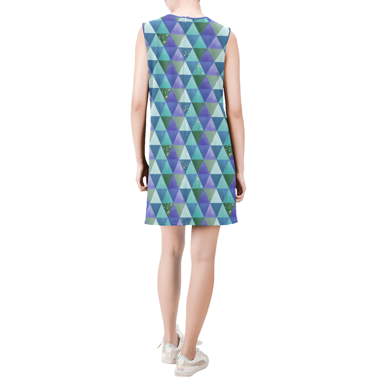 Triangle Pattern - Blue Violet Teal Green Sleeveless Round Neck Shift Dress (Model D51)
