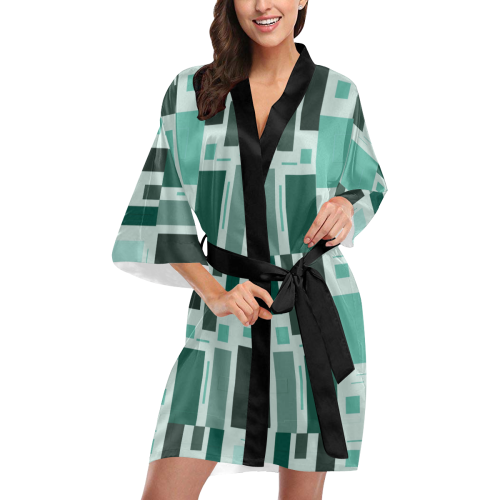 Abstract Green Squares Kimono Robe