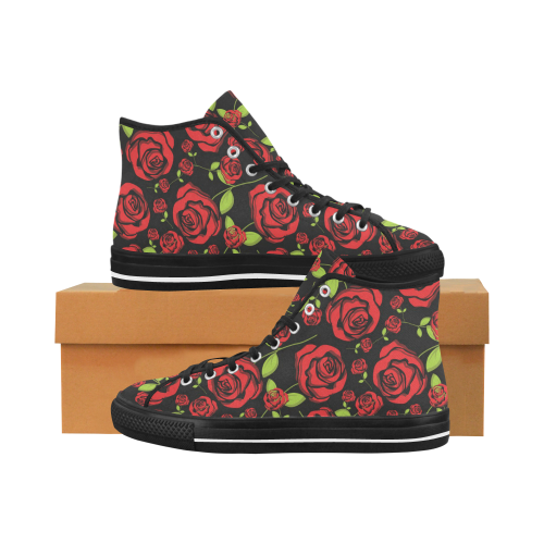 Red Roses on Black Vancouver H Men's Canvas Shoes (1013-1)