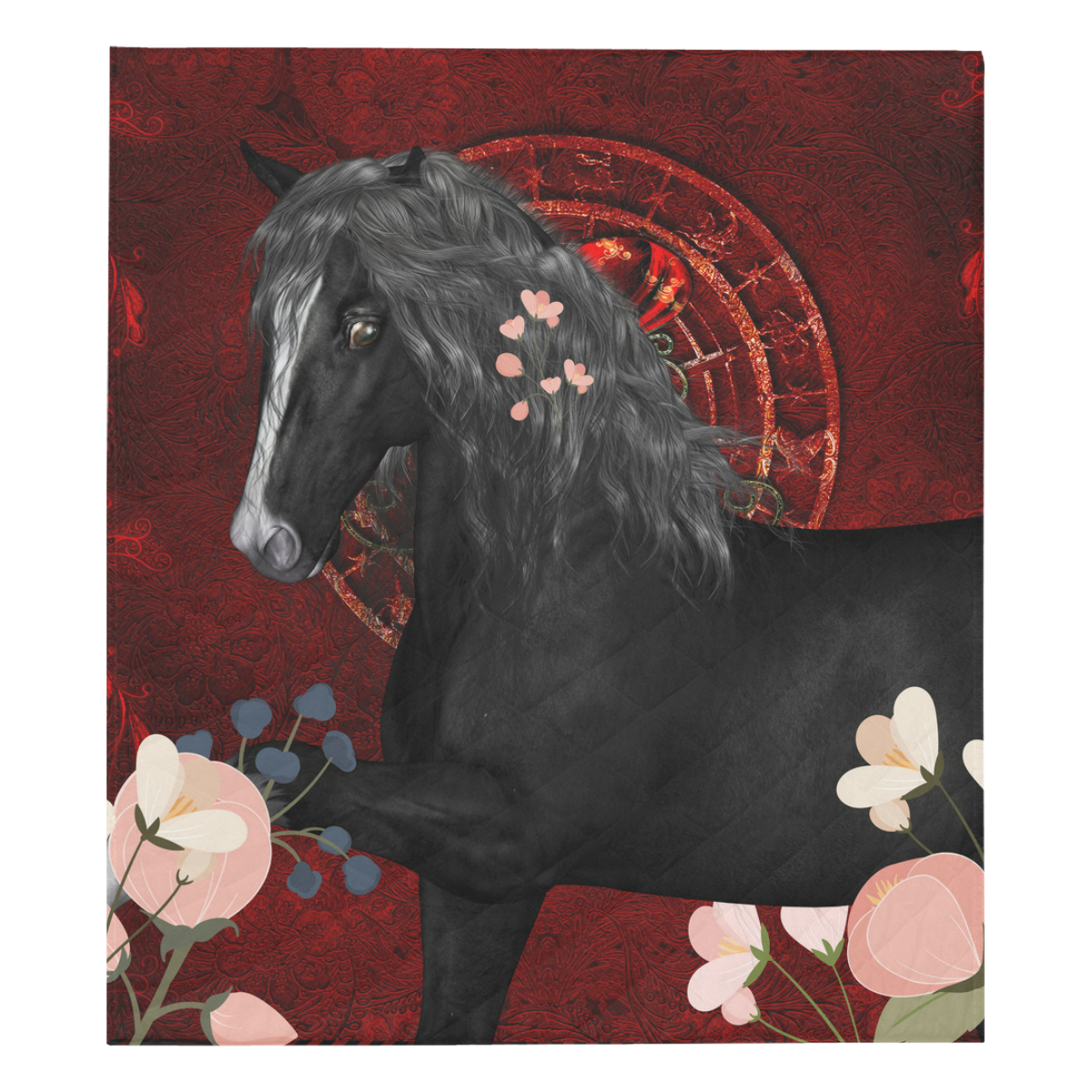 Black horse with flowers Quilt 70"x80"