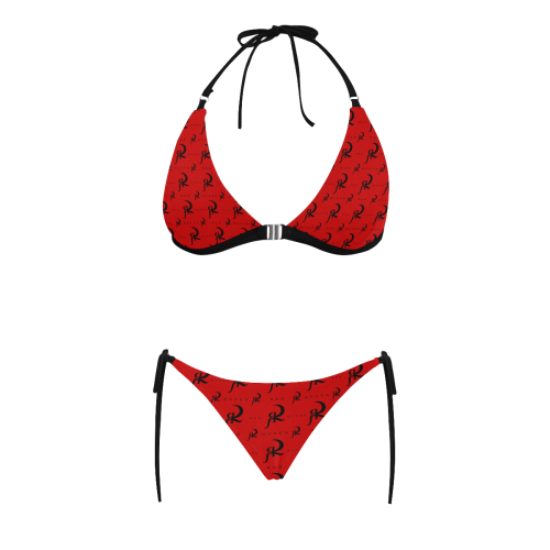 RED QUEEN SYMBOL LOGO PATTERN BLACK & RED BLACK LINING Buckle Front Halter Bikini Swimsuit (Model S08)