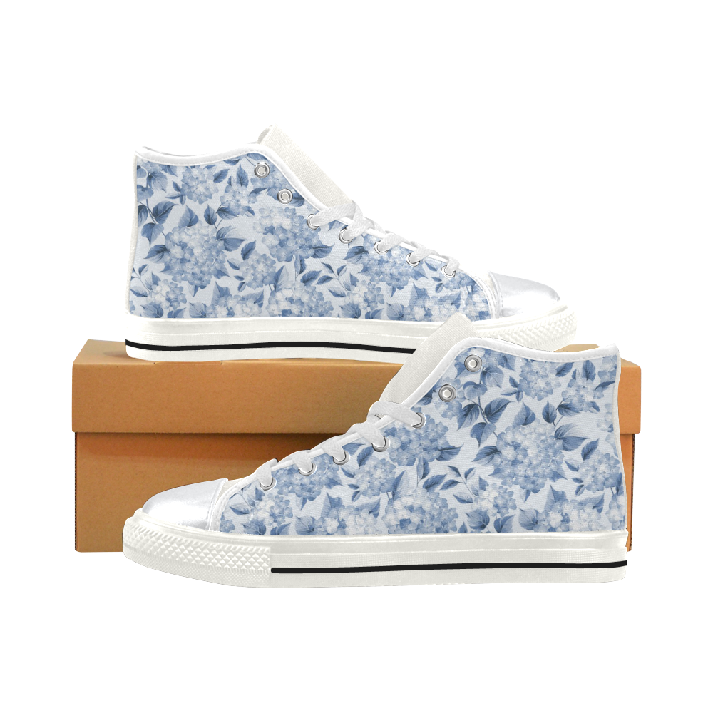 Blue and White Floral Pattern High Top Canvas Shoes for Kid (Model 017)