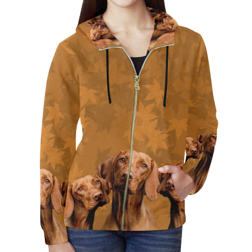Vizsla Hoodie with Autumn Leaves All Over Print Full Zip Hoodie for Women (Model H14)