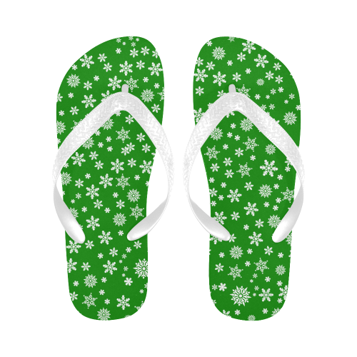 Christmas White Snowflakes on Green Flip Flops for Men/Women (Model 040)
