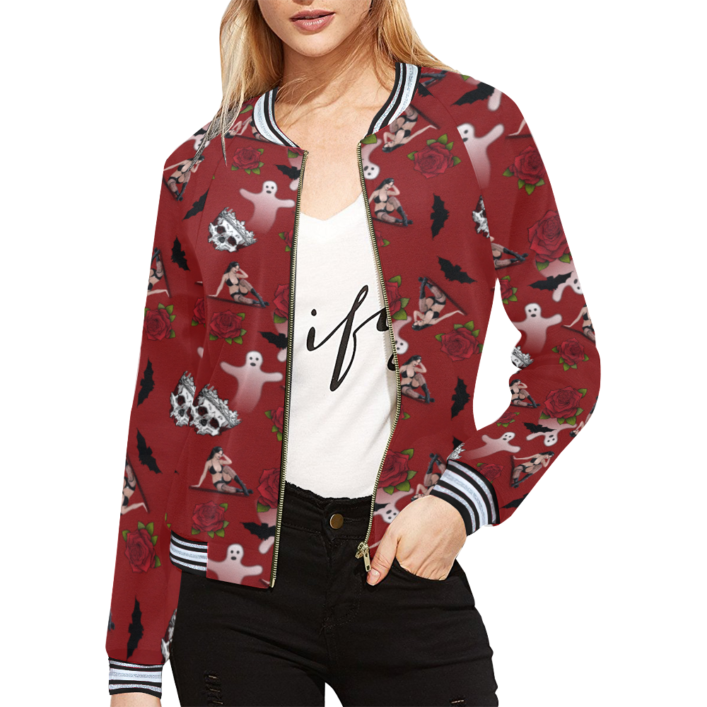gothic woman rose bats pattern red All Over Print Bomber Jacket for Women (Model H21)
