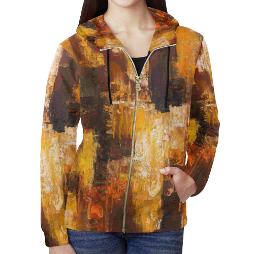 Patchwork All Over Print Full Zip Hoodie for Women (Model H14)