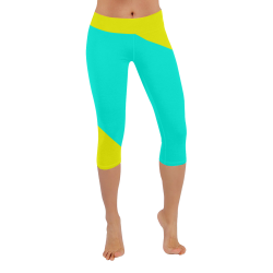 Bright Neon Yellow / Blue Women's Low Rise Capri Leggings (Invisible Stitch) (Model L08)