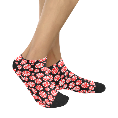 Christmas Peppermint Candy on Black Women's Ankle Socks