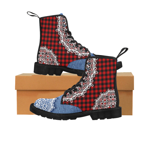 Buffalo Plaid, Denim And Lace Martin Boots for Women (Black) (Model 1203H)