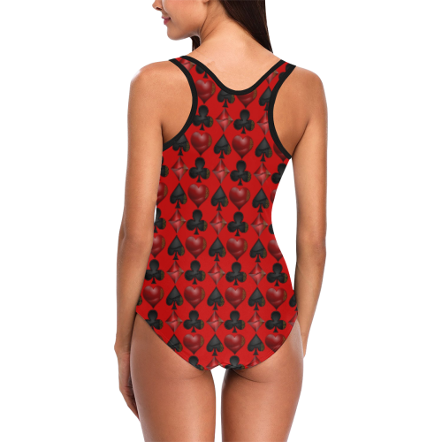Las Vegas Black and Red Casino Poker Card Shapes on Red Vest One Piece Swimsuit (Model S04)