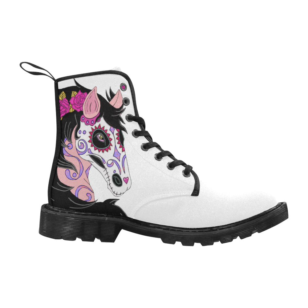 Sugar Skull Horse Pink Roses White Martin Boots for Women (Black) (Model 1203H)
