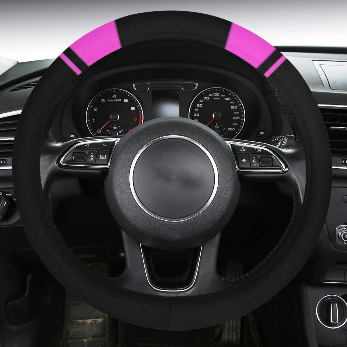 Race Car Stripes Black and Pink Steering Wheel Cover with Anti-Slip Insert