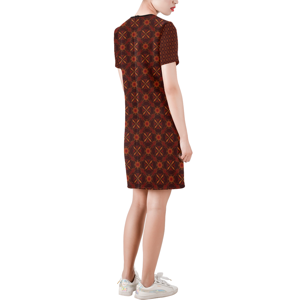 Brown Geometric Pattern Short-Sleeve Round Neck A-Line Dress (Model D47)