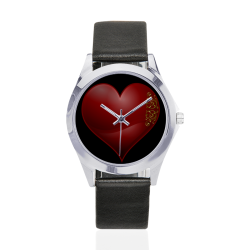 Heart  Las Vegas Symbol Playing Card Shape (Black) Unisex Silver-Tone Round Leather Watch (Model 216)