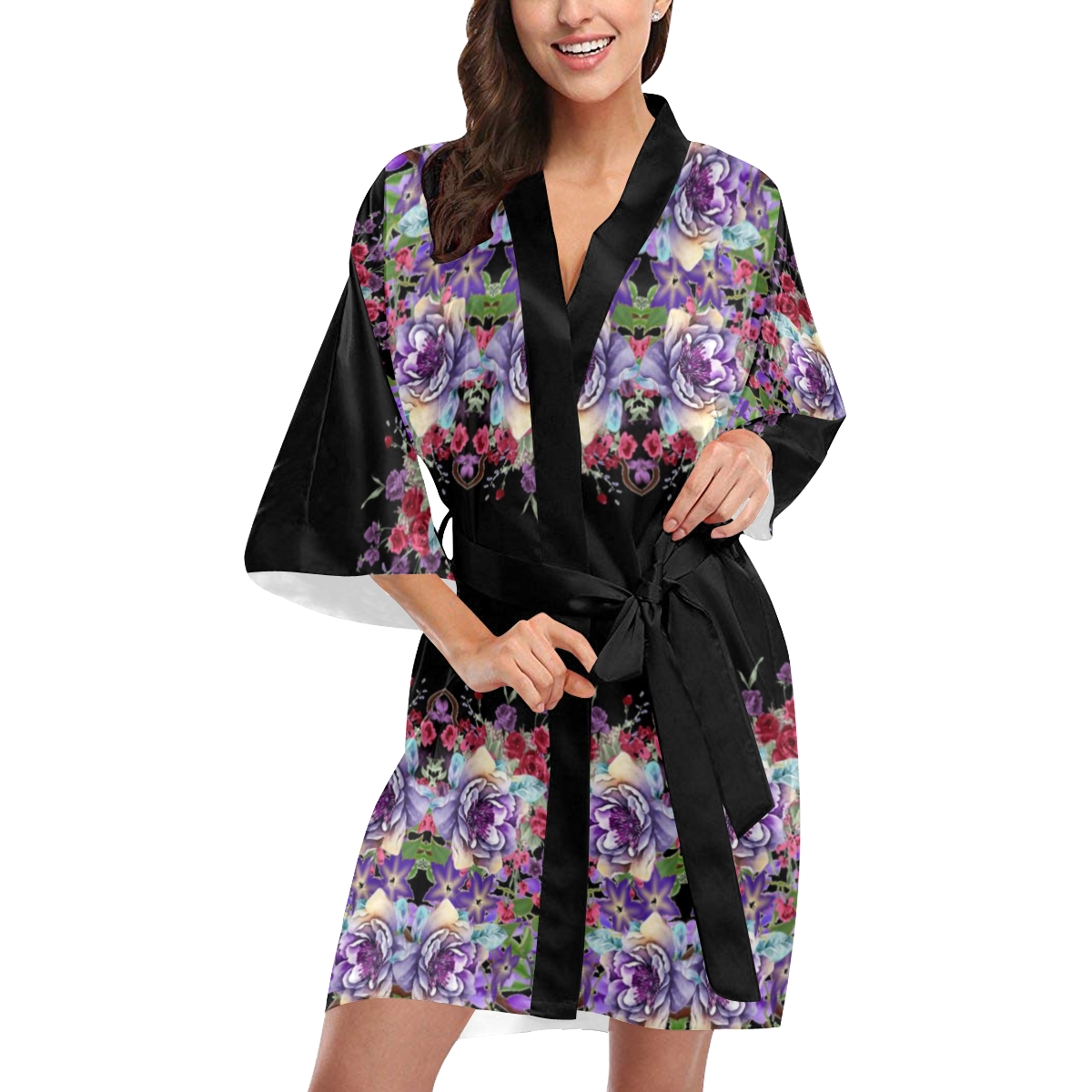 Flowery Flower Black Kimono Robe
