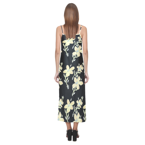 Black V Neck Dress With Yellow Flowers V-Neck Open Fork Long Dress(Model D18)