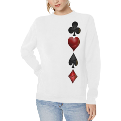 Las Vegas Black and Red Casino Poker Card Shapes White Women's Rib Cuff Crew Neck Sweatshirt (Model H34)