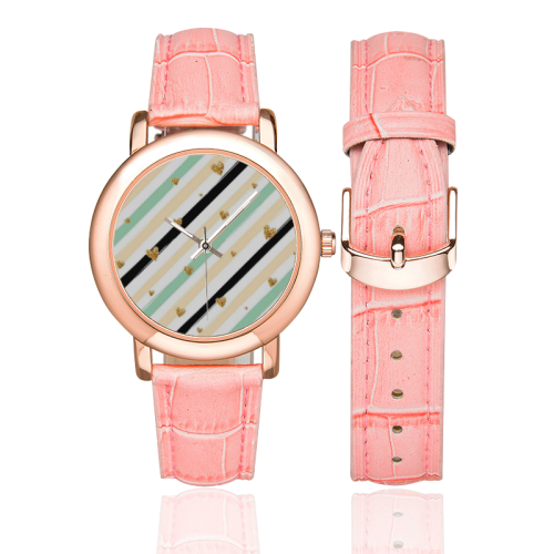 Pink Green Stripe Gold Heart Women's Rose Gold Leather Strap Watch(Model 201)