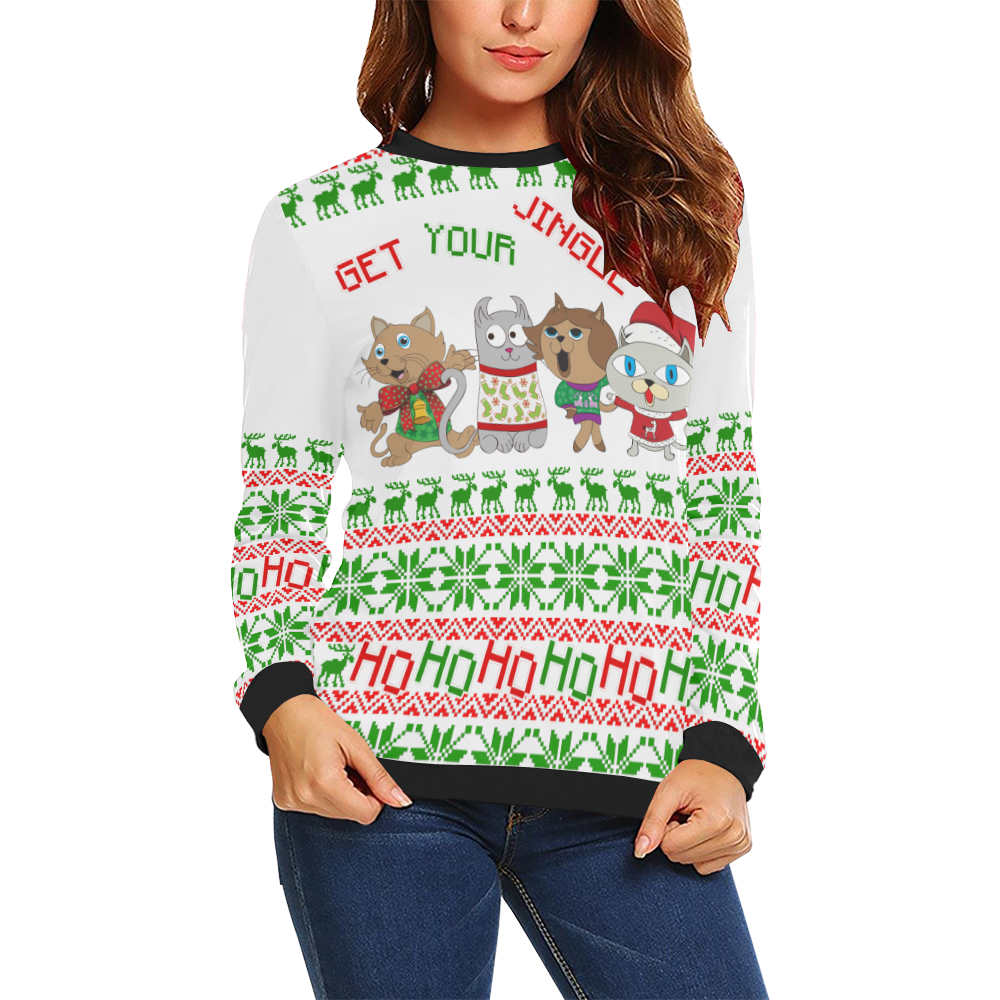 Get your jingle on party cats ugly Christmas sweater All Over Print Crewneck Sweatshirt for Women (Model H18)