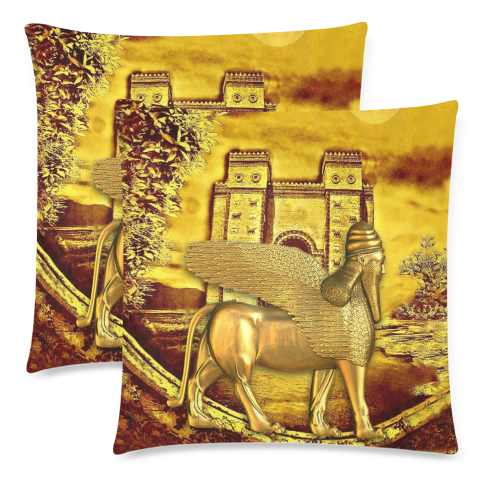 Ishtar Gate with Lamassu Custom Zippered Pillow Cases 18"x 18" (Twin Sides) (Set of 2)
