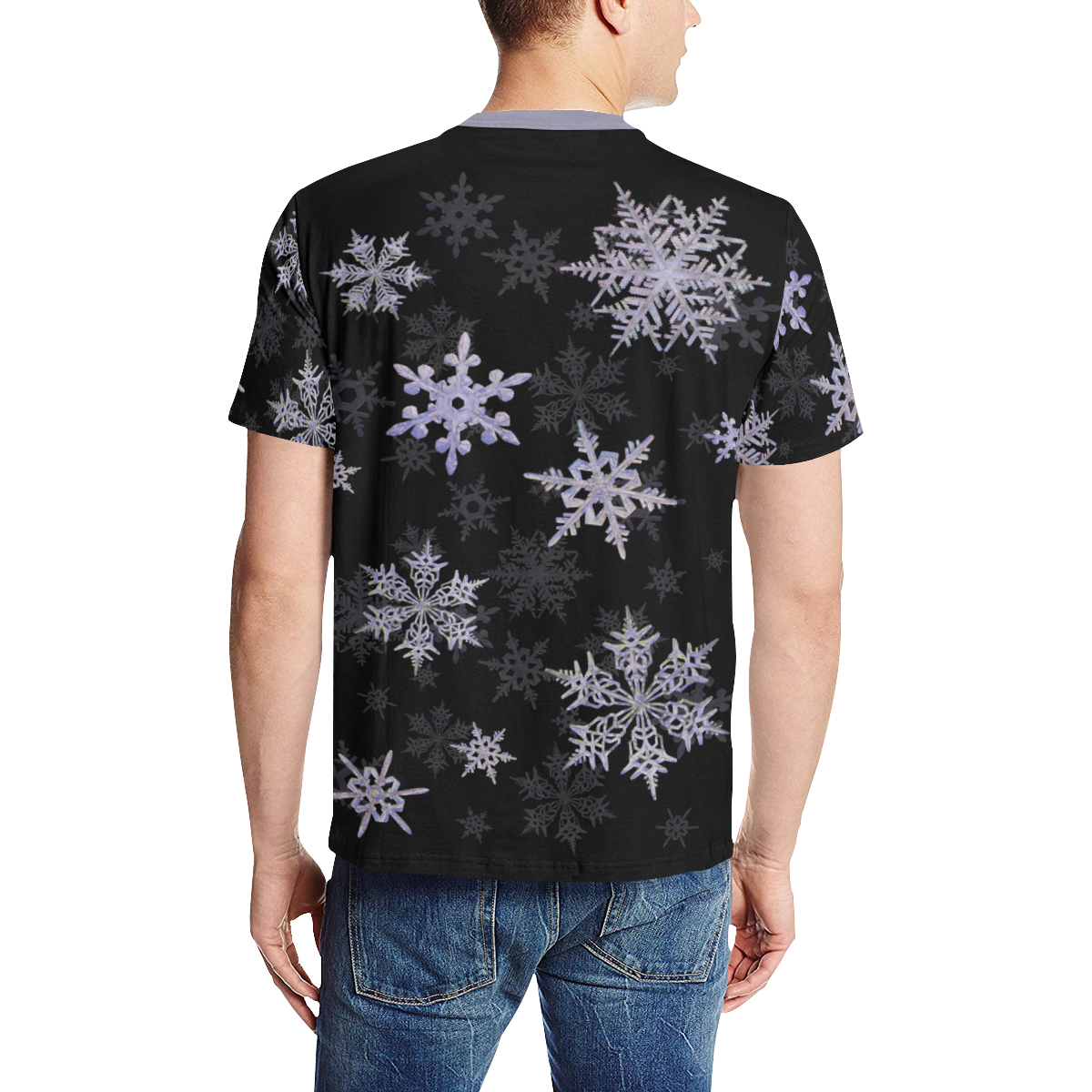 Snowflakes Blue Purple on black Men's All Over Print T-Shirt (Solid Color Neck) (Model T63)