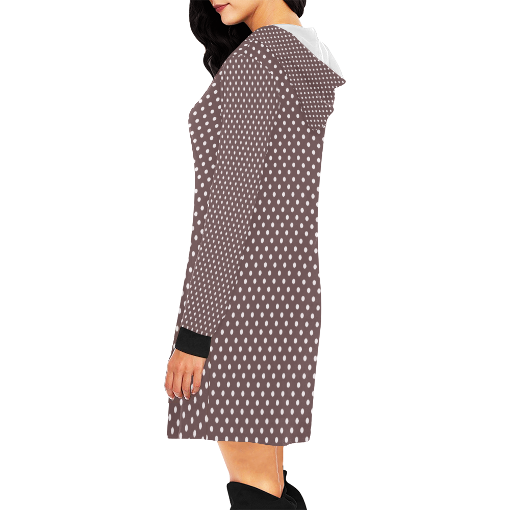 Chocolate brown polka dots All Over Print Hoodie Mini Dress (Model H27)