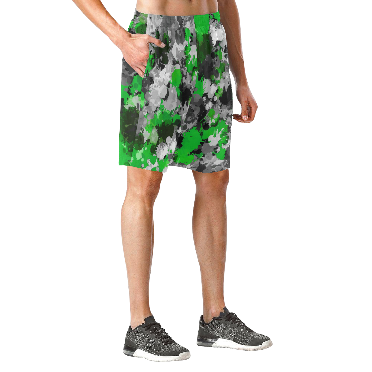 Green and Grey Paint Splatter Men's All Over Print Elastic Beach Shorts (Model L20)