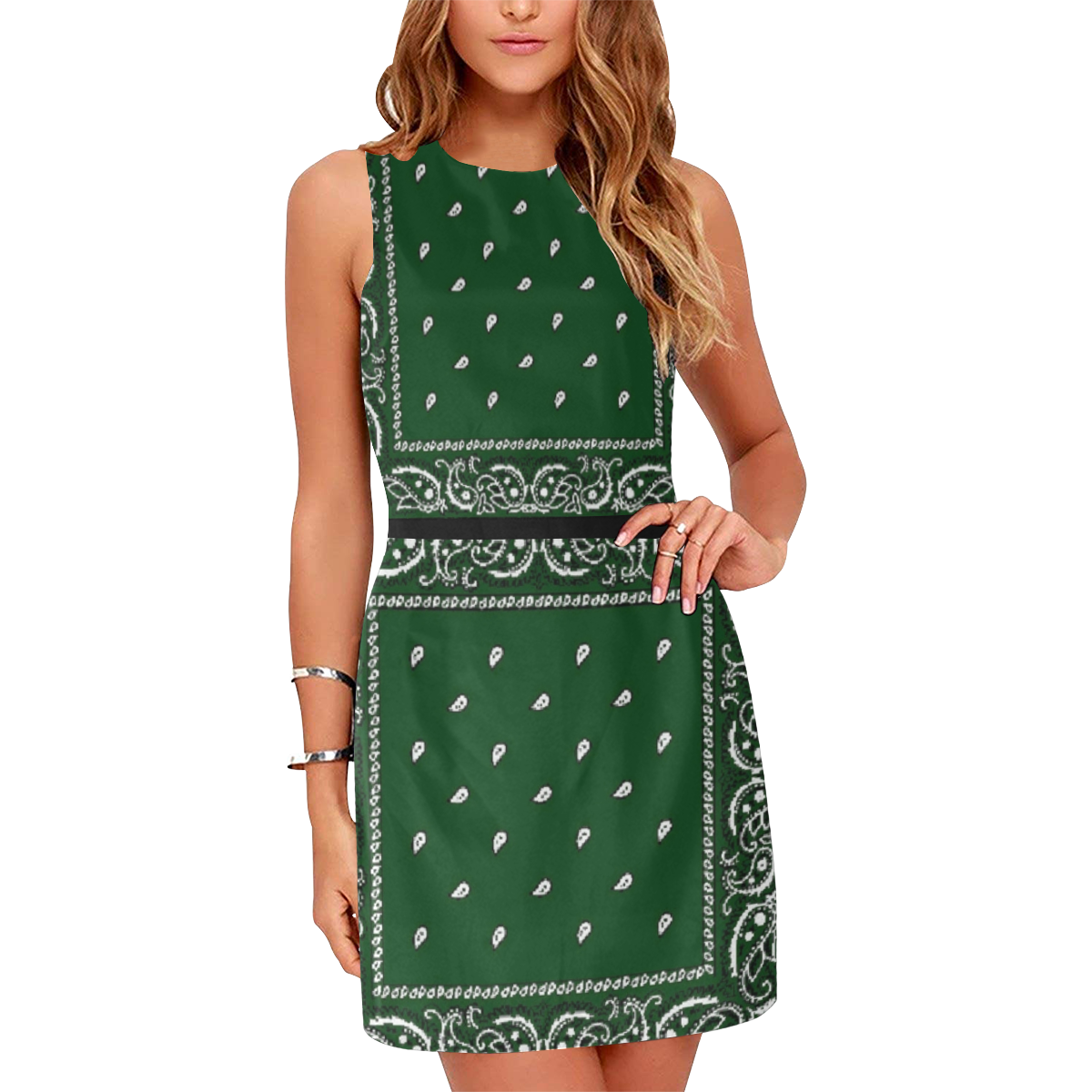 KERCHIEF PATTERN GREEN Eos Women's Sleeveless Dress (Model D01)
