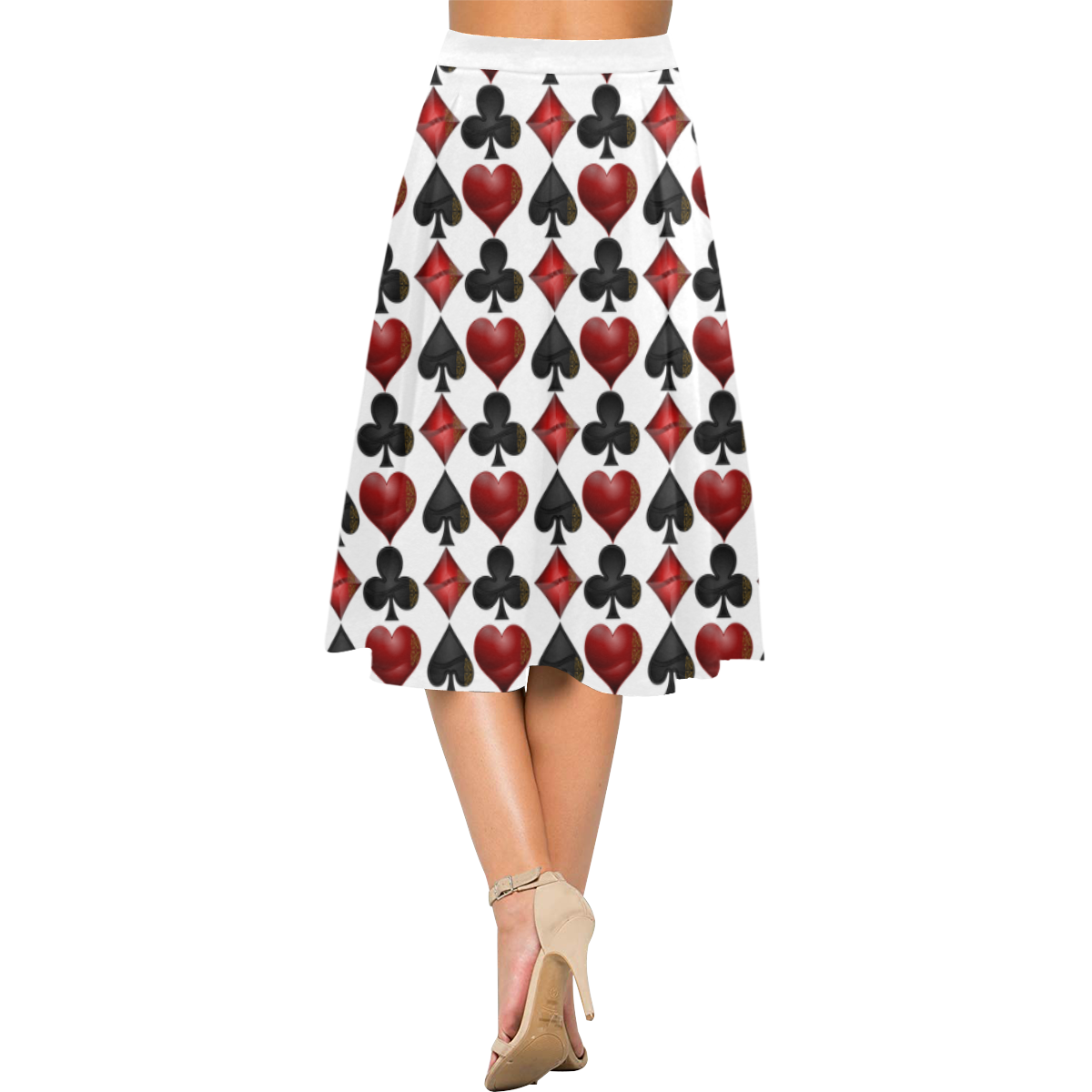 Las Vegas Black and Red Casino Poker Card Shapes on White Aoede Crepe Skirt (Model D16)
