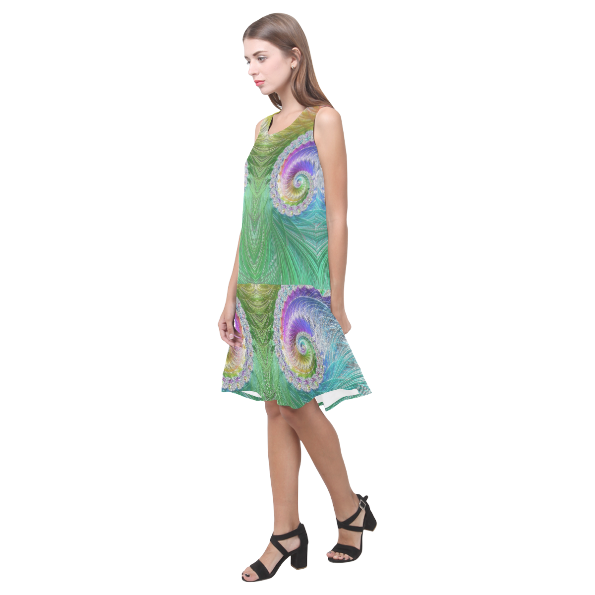 Frax Fractal Rainbow Sleeveless Splicing Shift Dress(Model D17)