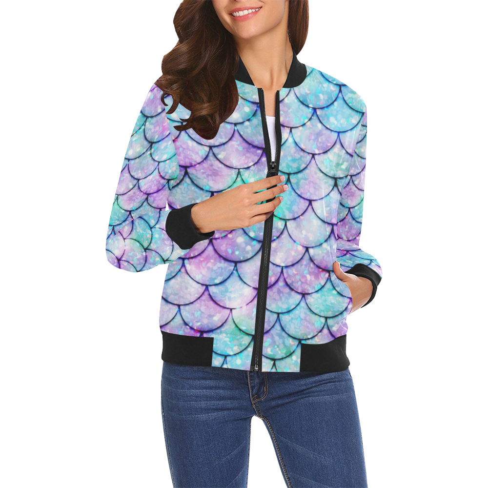Mermaid light blue and purple All Over Print Bomber Jacket for Women (Model H19)