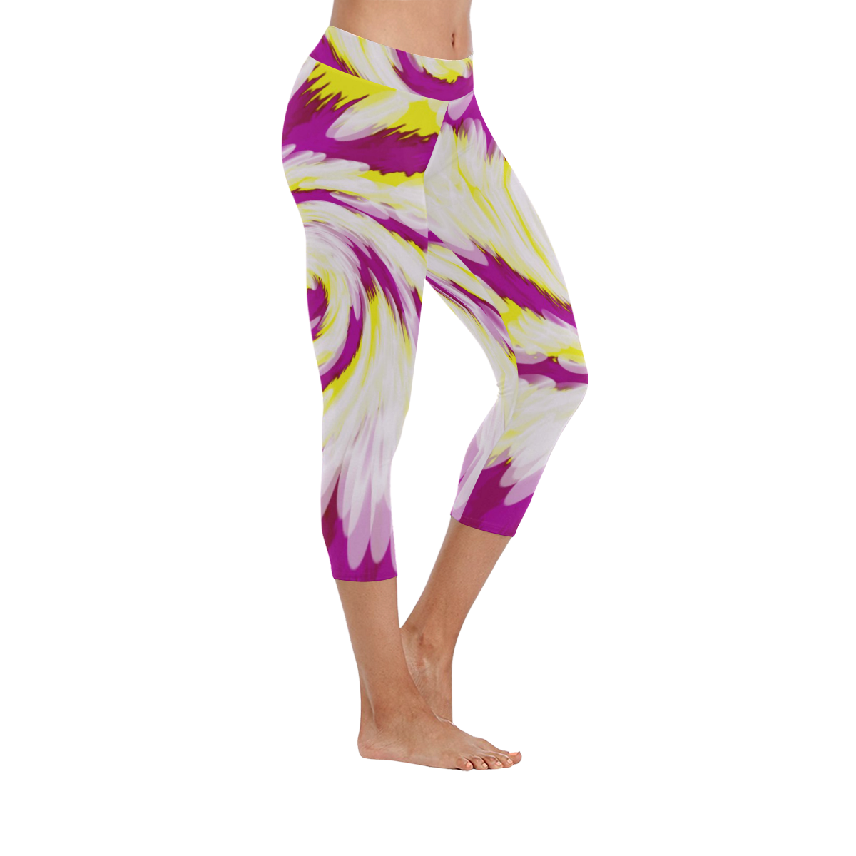Pink Yellow Tie Dye Swirl Abstract Women's Low Rise Capri Leggings (Invisible Stitch) (Model L08)