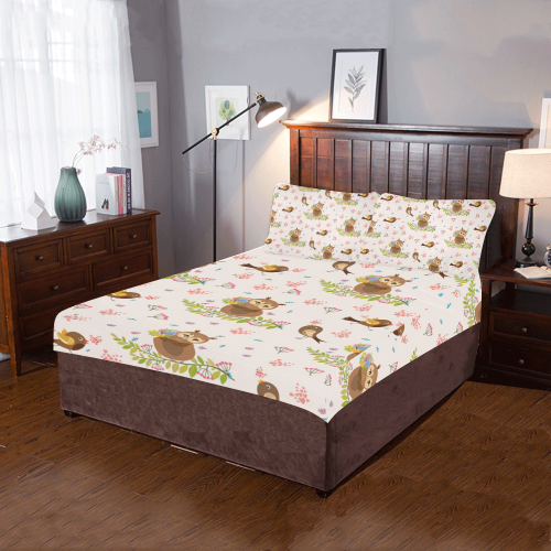 Owls And Song Birds Pattern 3-Piece Bedding Set