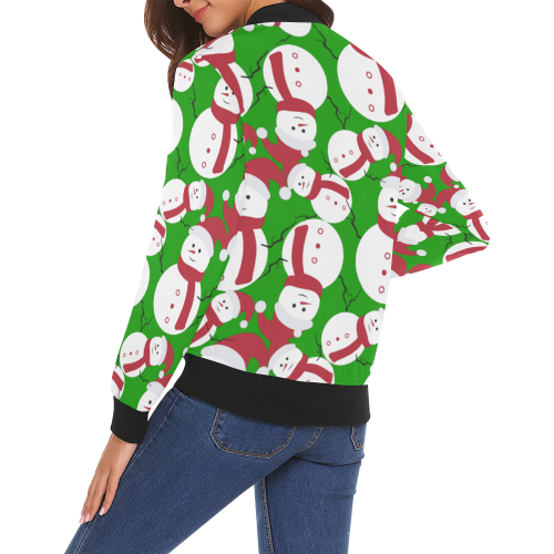 Snowman CHRISTMAS Pattern  GREEN All Over Print Bomber Jacket for Women (Model H19)