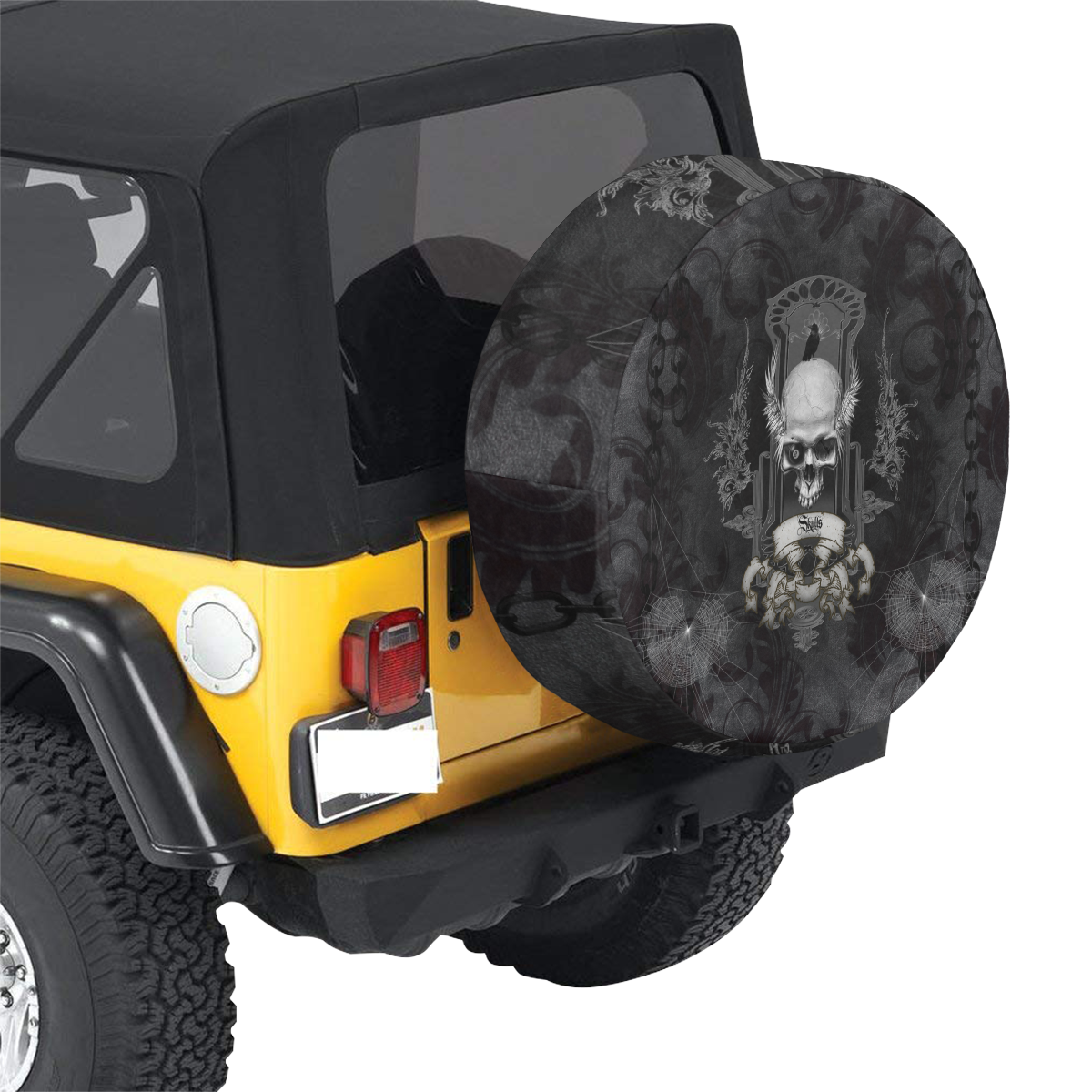 Skull with crow in black and white 34 Inch Spare Tire Cover