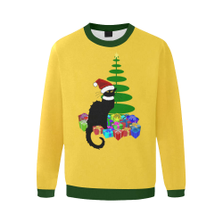 Christmas Le Chat Noir with Santa Hat Green Trim Men's Oversized Fleece Crew Sweatshirt/Large Size(Model H18)