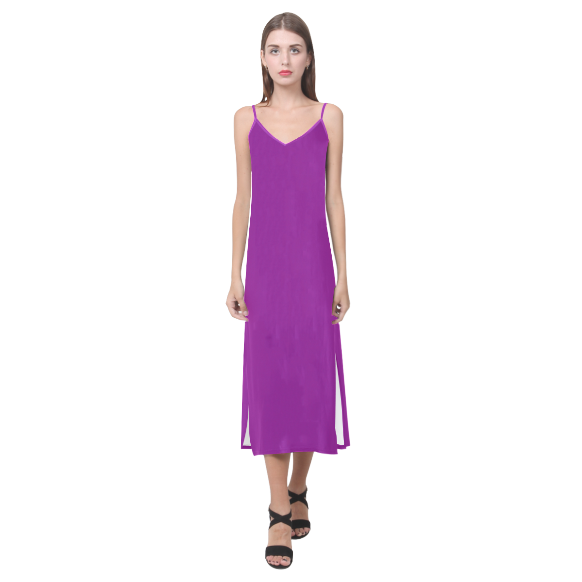 color dark magenta V-Neck Open Fork Long Dress(Model D18)