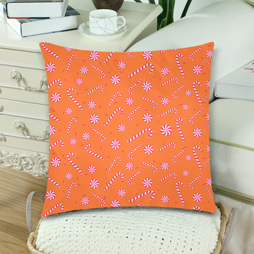 Candy CANE CHRISTMAS ORANGE Custom Zippered Pillow Cases 18"x 18" (Twin Sides) (Set of 2)