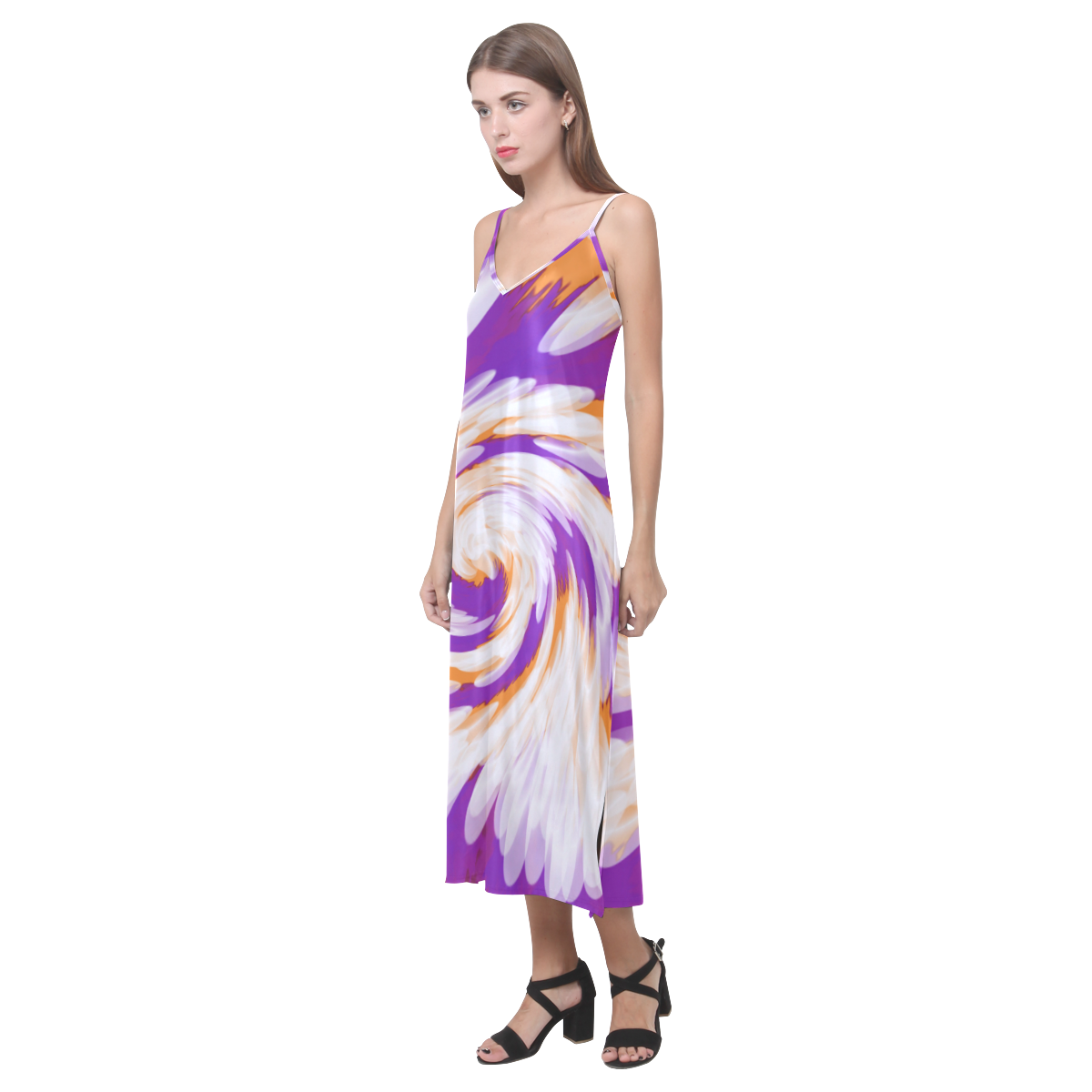 Purple Orange Tie Dye Swirl Abstract V-Neck Open Fork Long Dress(Model D18)