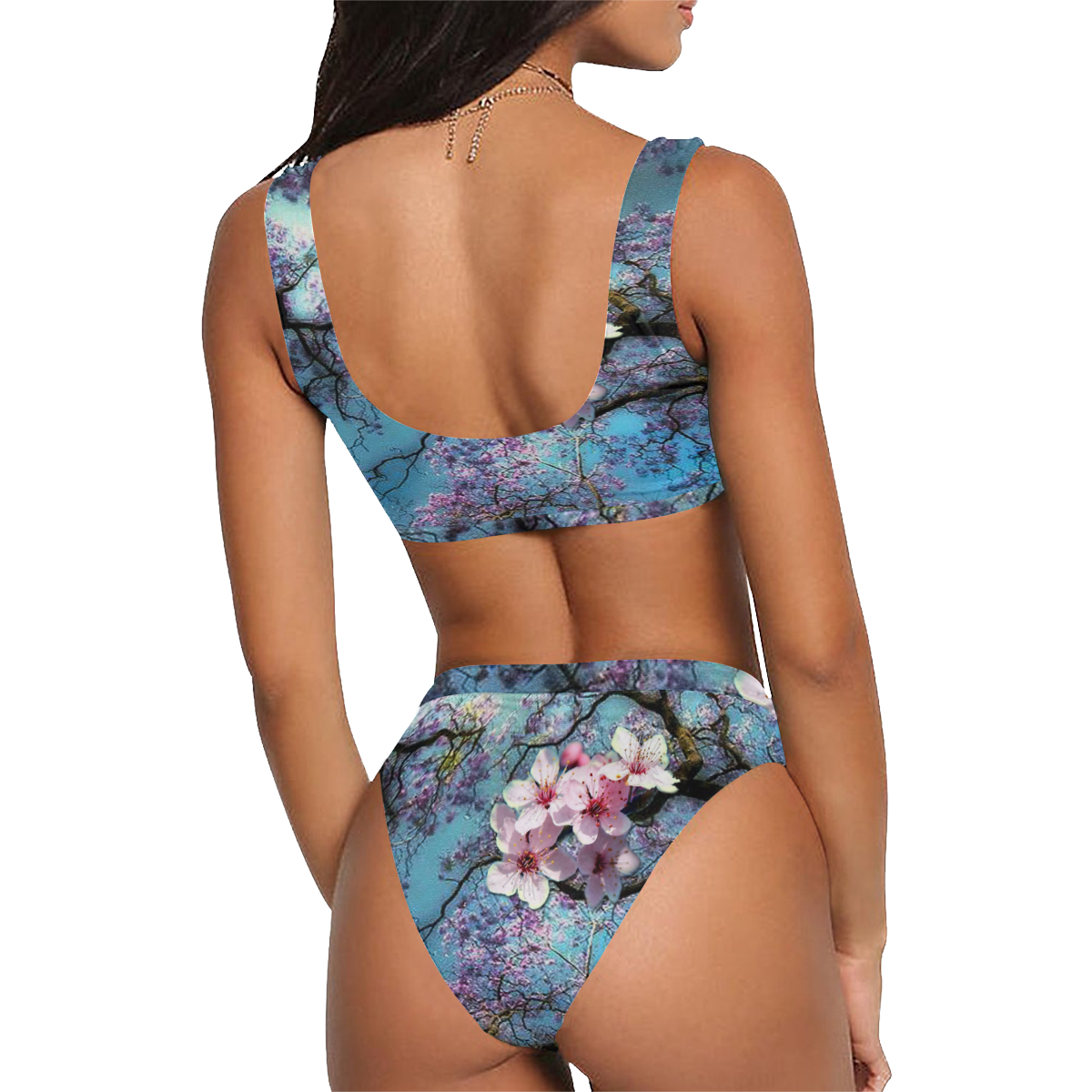 Cherry blossomL Sport Top & High-Waisted Bikini Swimsuit (Model S07)