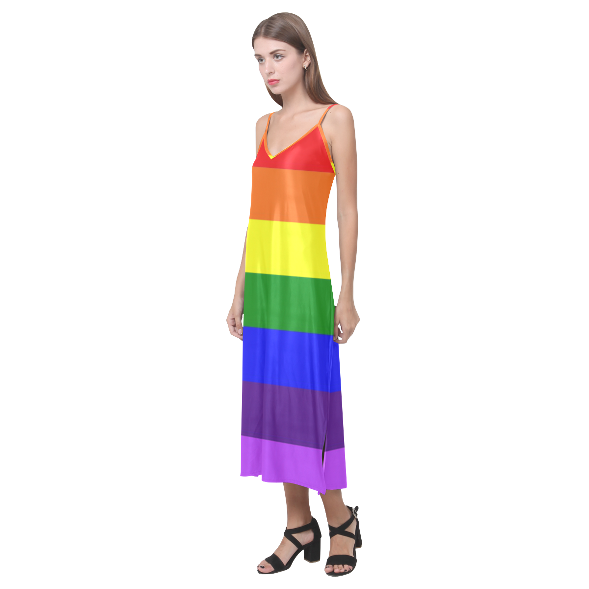 Rainbow Flag (Gay Pride - LGBTQIA+) V-Neck Open Fork Long Dress(Model D18)